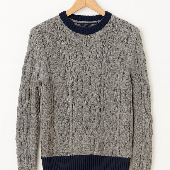 J.Crew Cable Knit Crewneck Sweater – Grey with Navy Trim – 100% Cotton - Picture 1 of 4